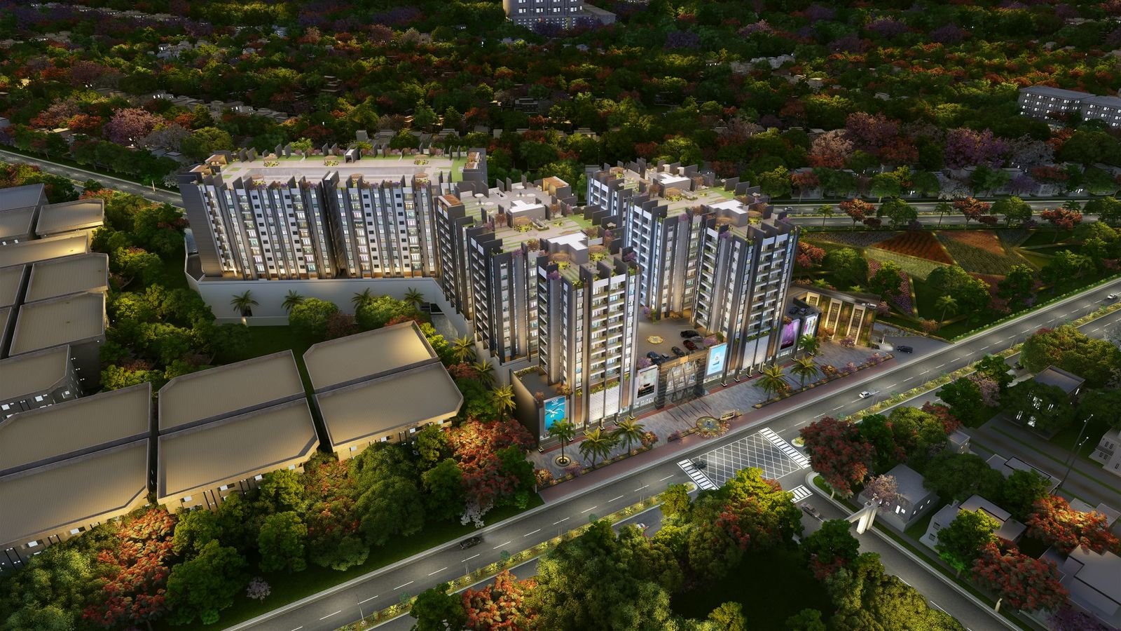 Apartment tower night aerial render, alternate