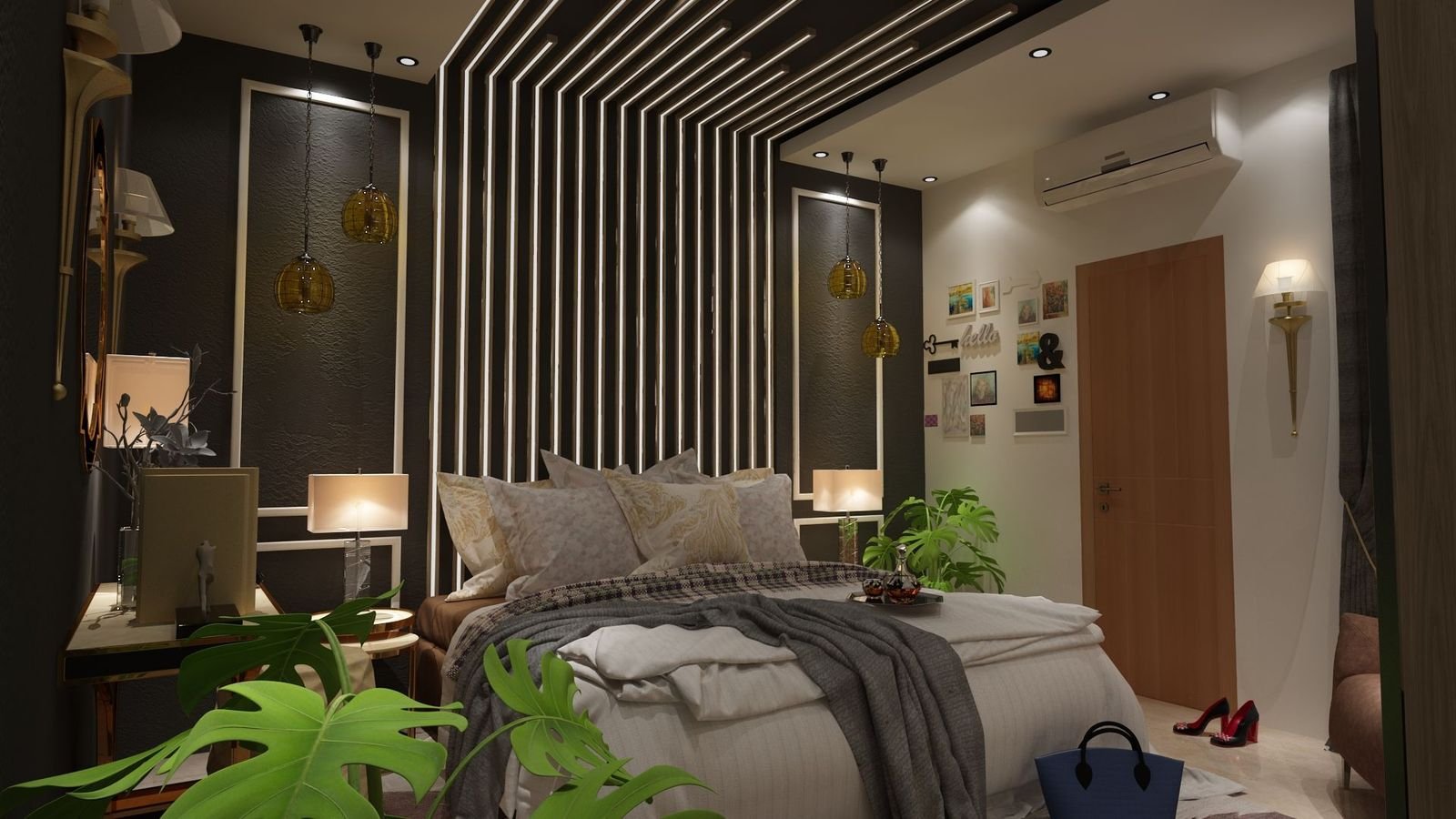 Bedroom render with dark accent wall