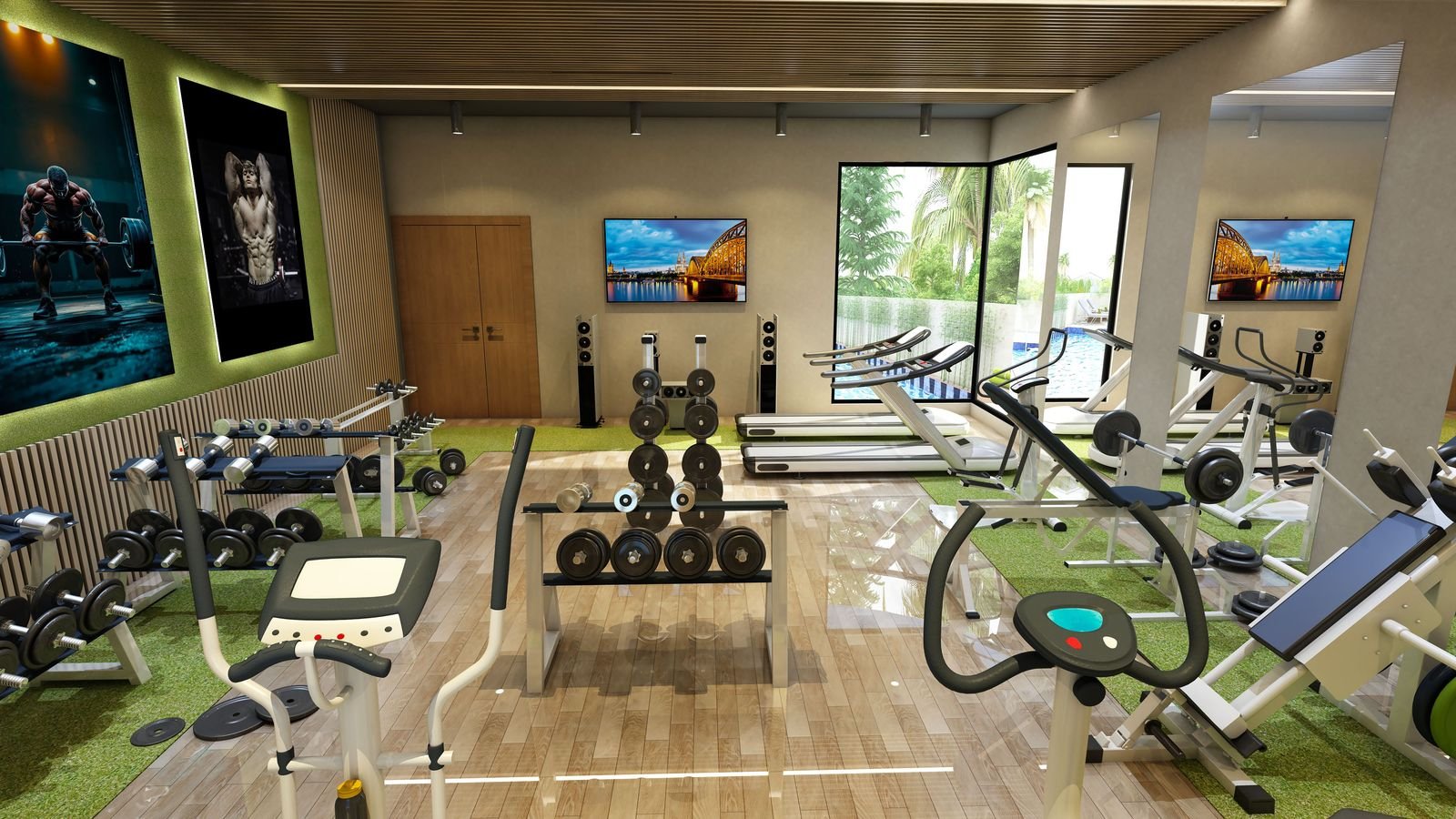 Home gym render with pool view, alternate