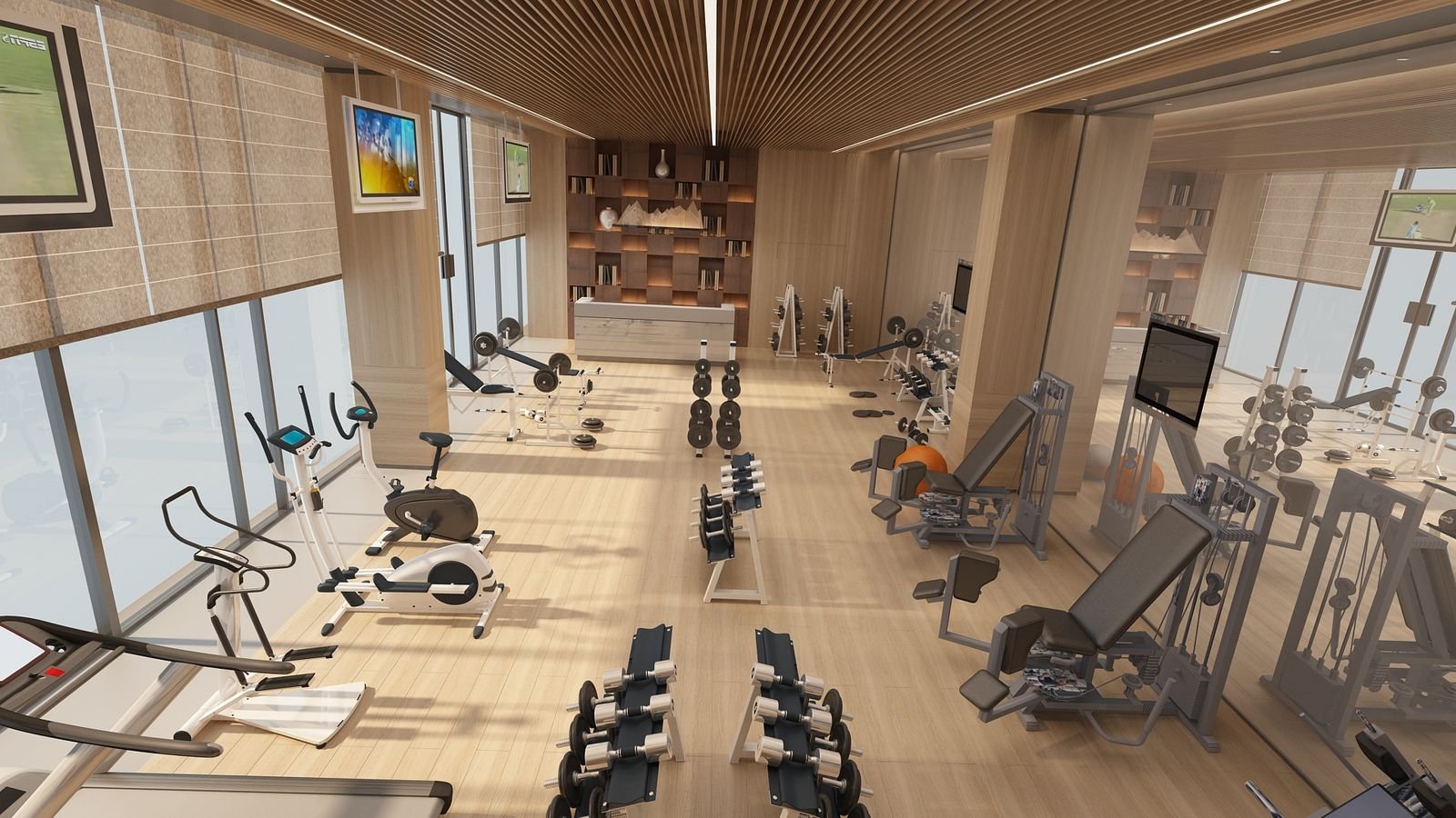 Home gym render with wood bookshelf