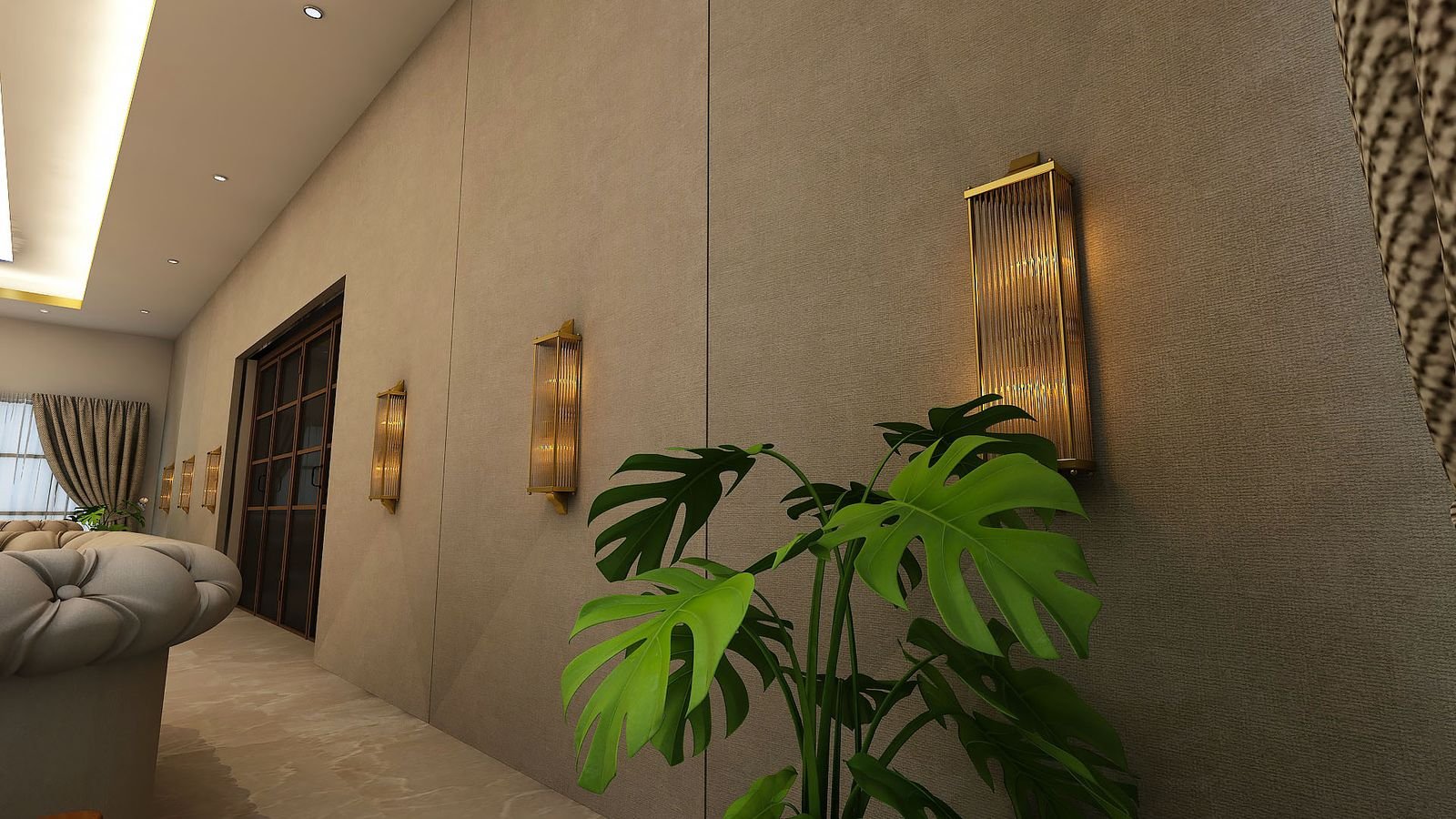 Hallway render with wall sconces