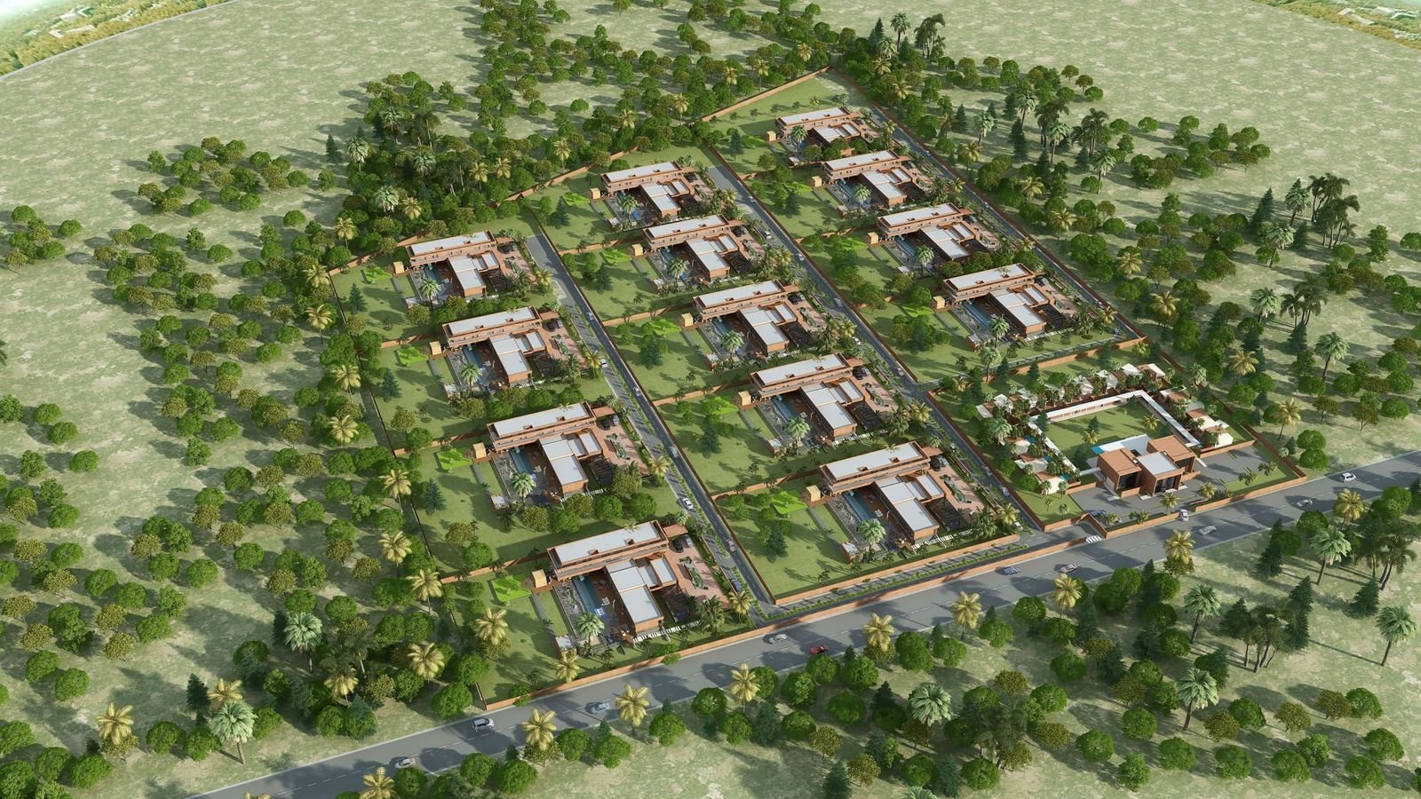 Villa community aerial render, alternate